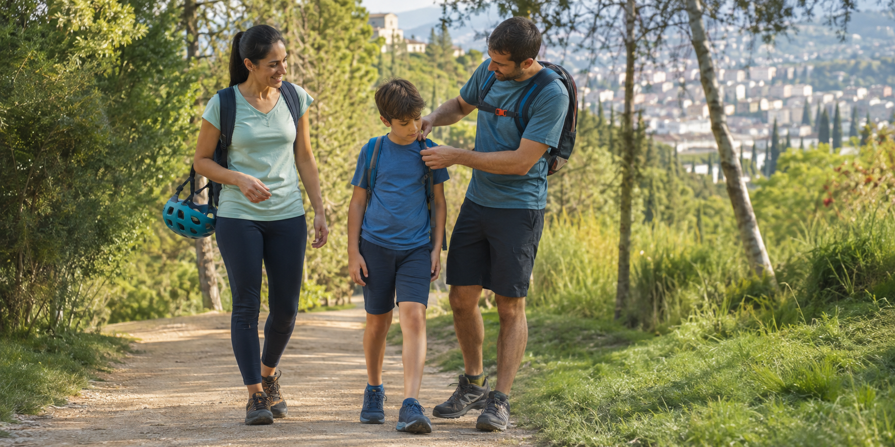 Familia activa realizando una actividad al aire libre con seguridad