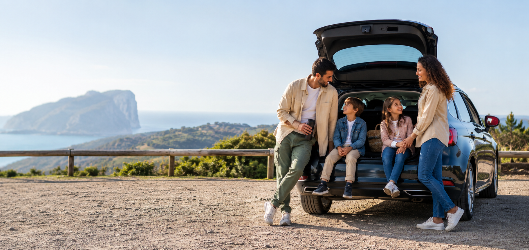 Familia junto a su coche en un entorno seguro