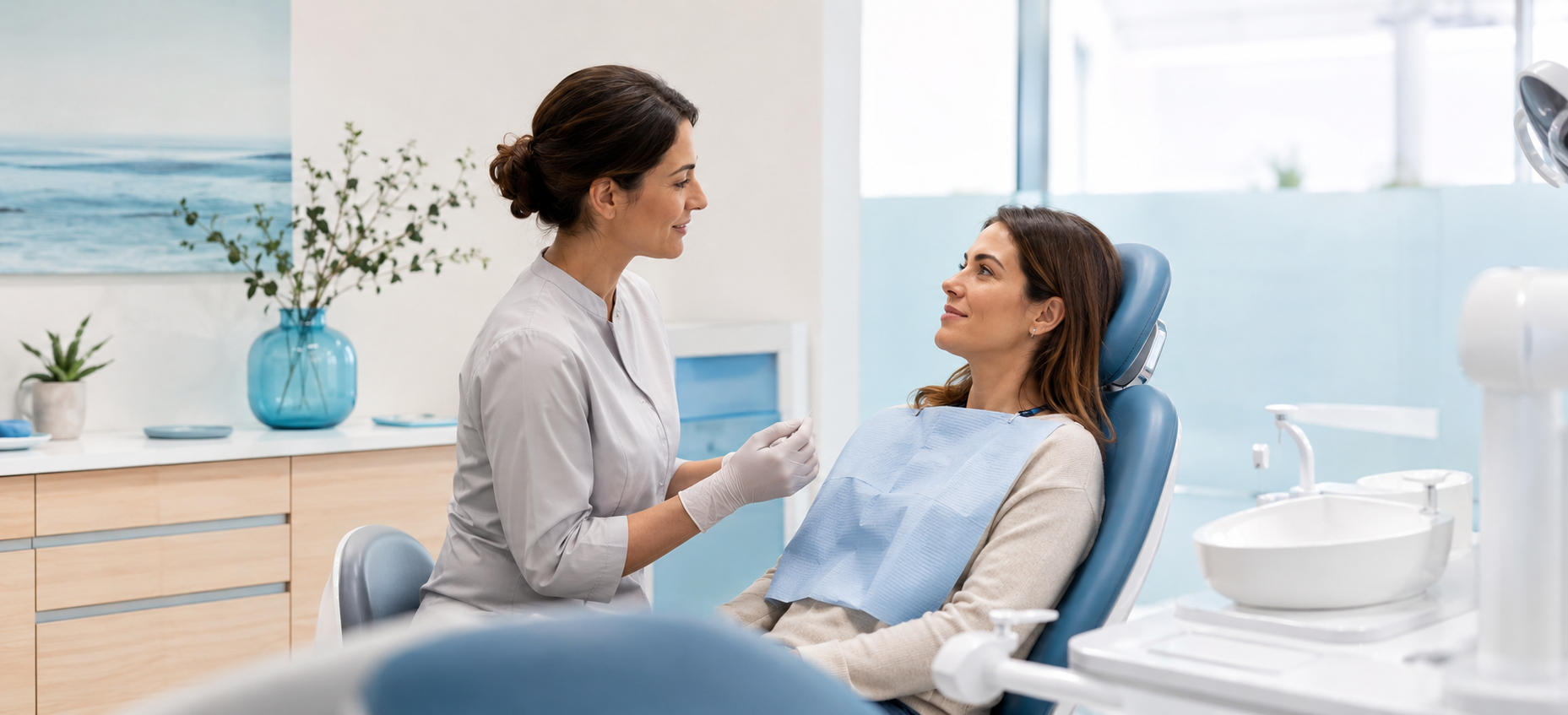 Odontóloga atendiendo a una paciente en una clínica dental