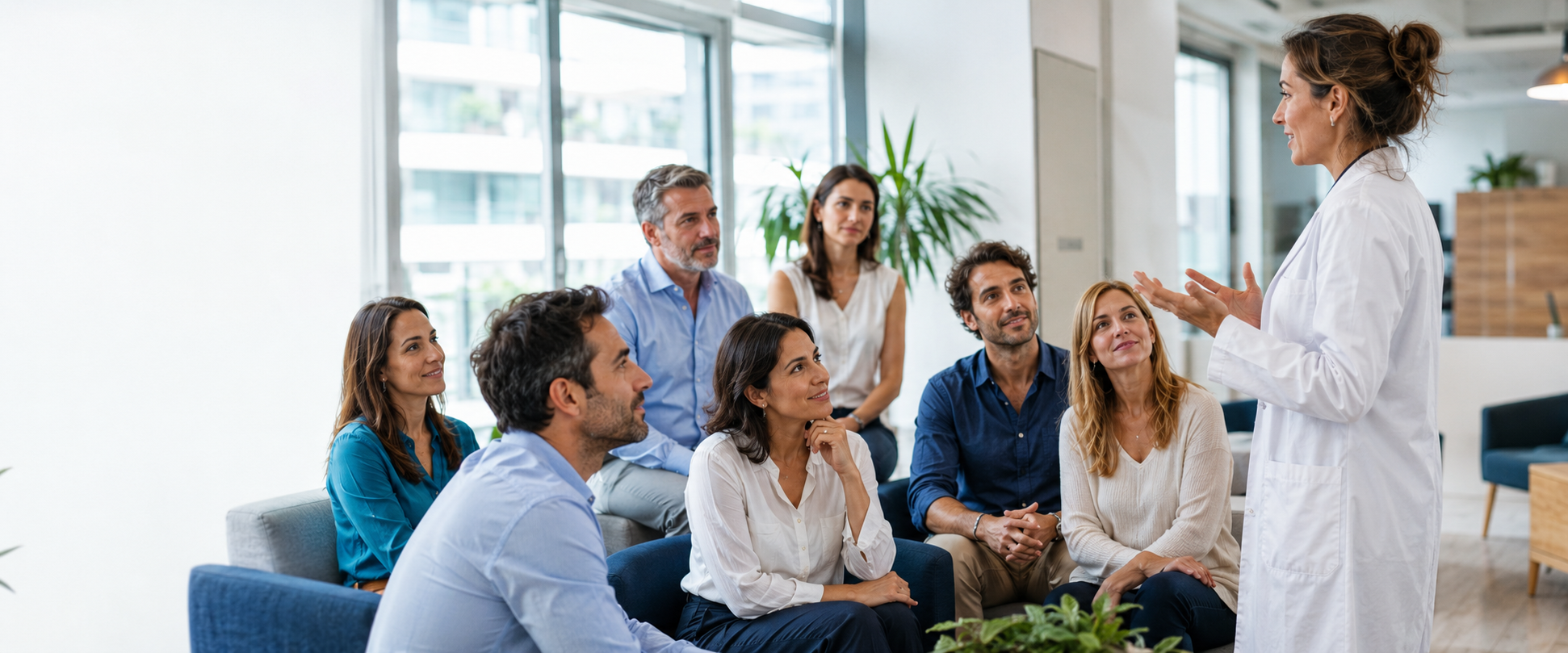Equipo profesional durante una sesión de bienestar corporativo