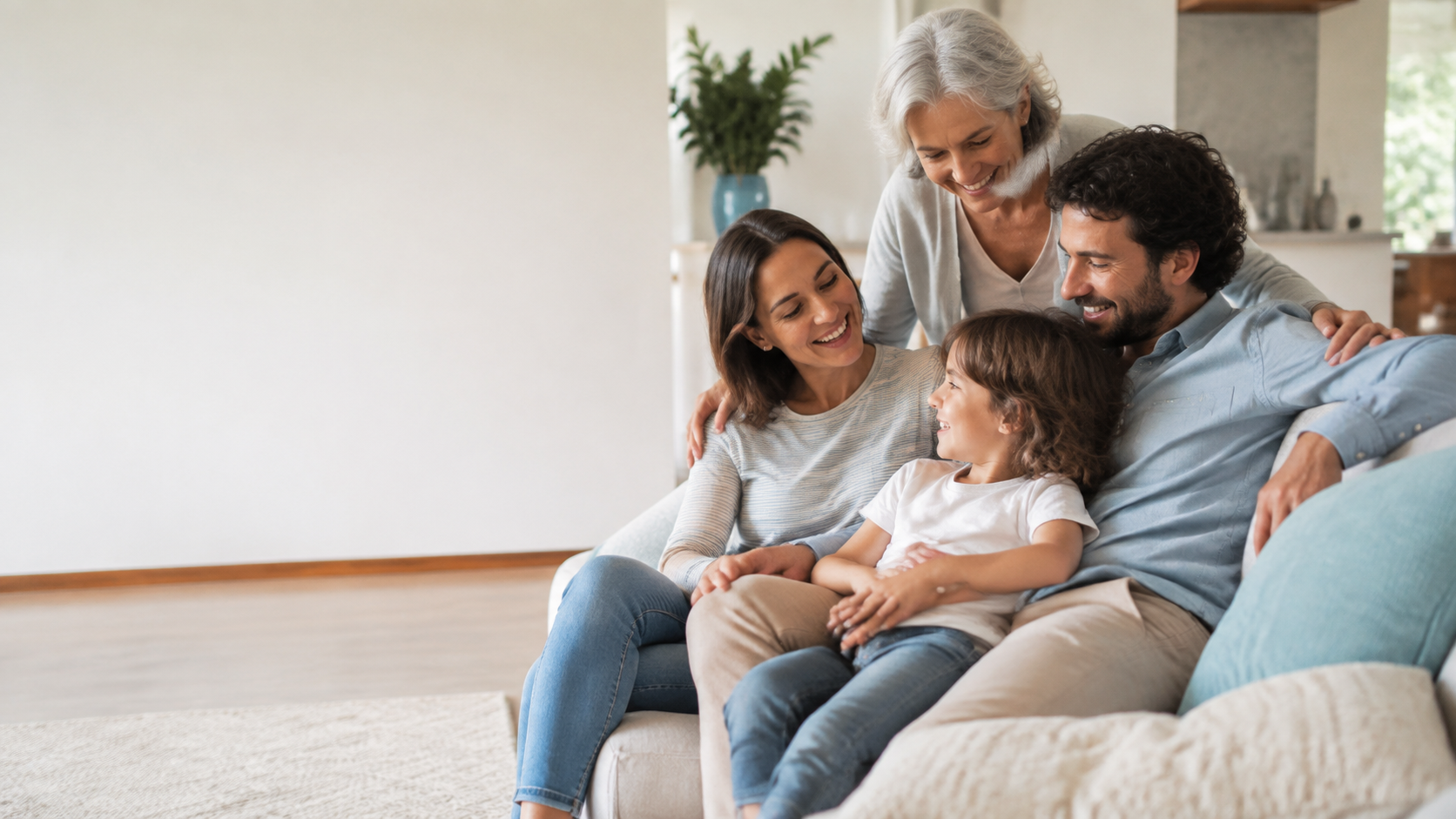 Familia multigeneracional reunida en un hogar luminoso
