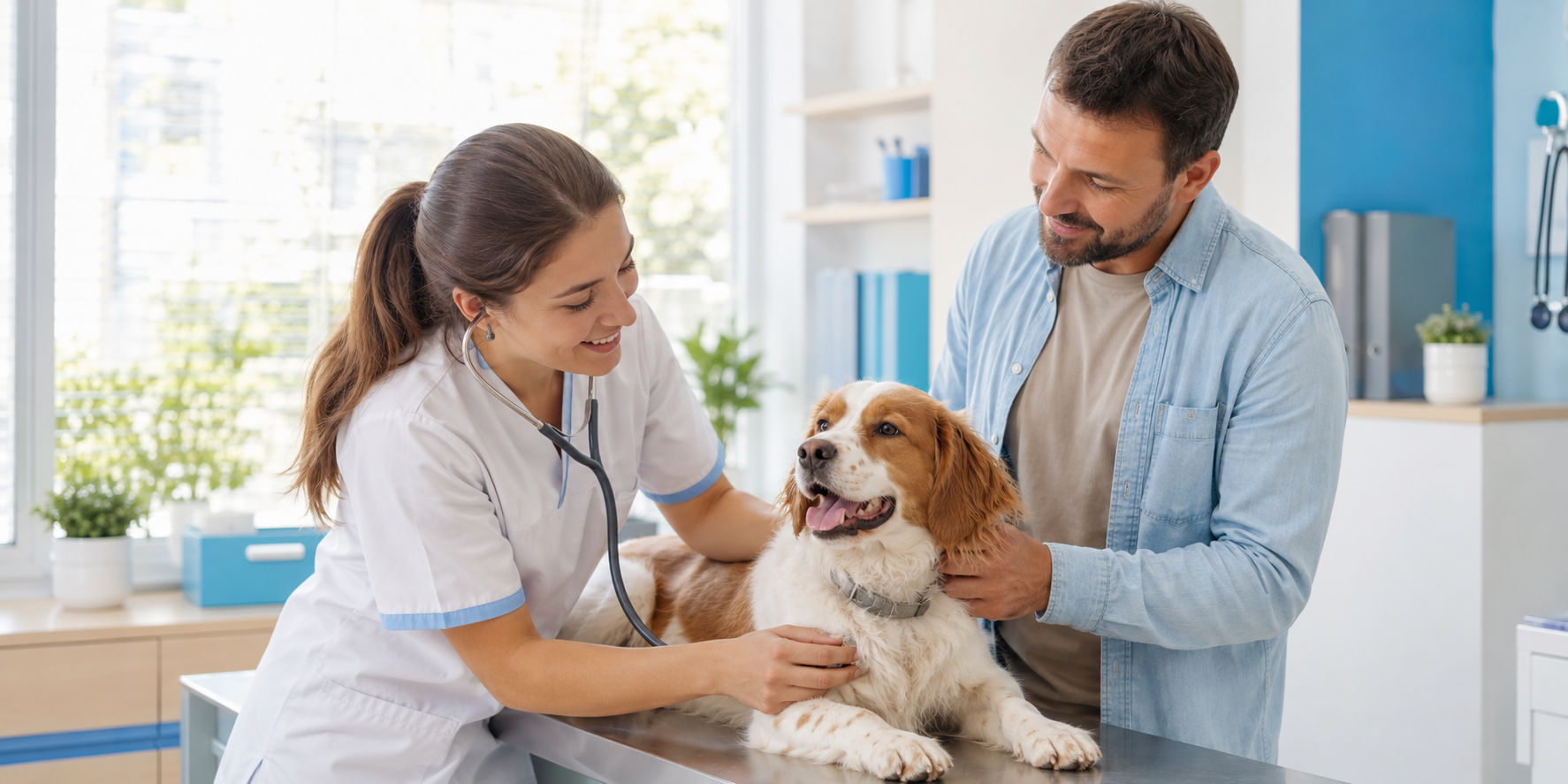 Veterinaria examinando a un perro acompañado por su propietario